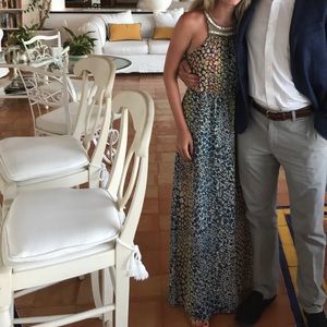 Multi color maxi dress w/ beaded collar neckline